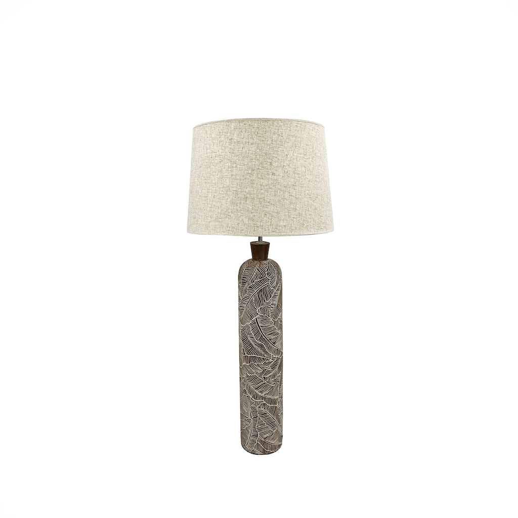 Brown 38 Inch Textured Resin Floor Lamp with Neutral Linen Drum Light