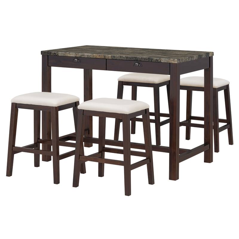 3 Pcs Counter Height Dining Table Set, Breakfast Nook Table Set for 2, Marble Table with Storage Drawers and 2 Padded Stools