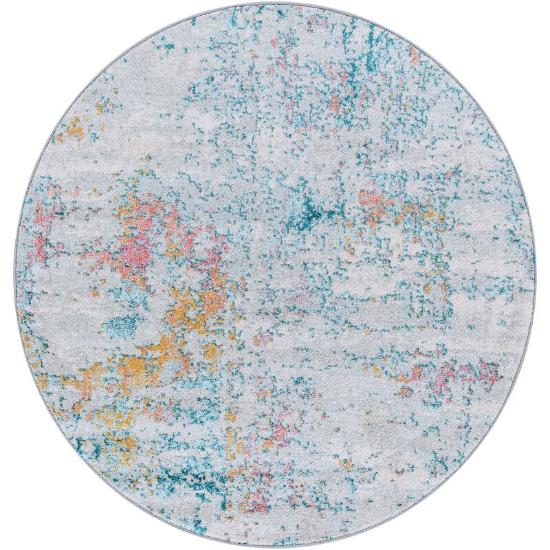Artistic Weavers Aveza Modern Abstract Polypropylene Area Rug - 5'3" Round - Aqua/Mustard