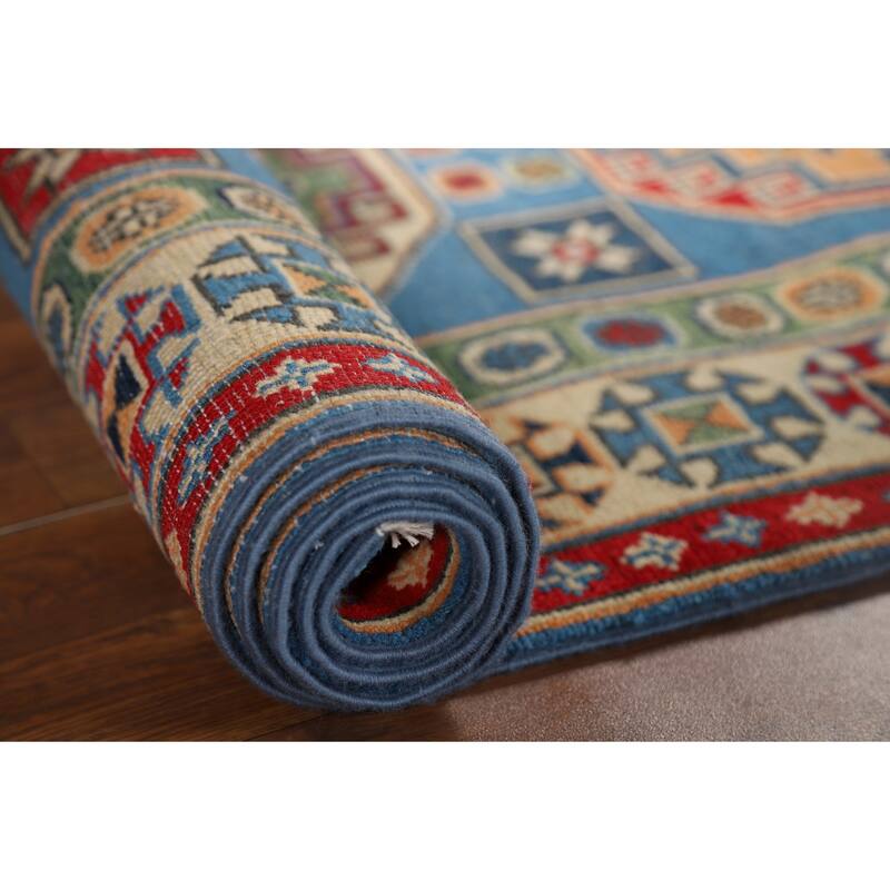 Blue Geometric Kazak Runner Rug Hand-Knotted Oriental Wool Carpet - 2'8" x 9'6"
