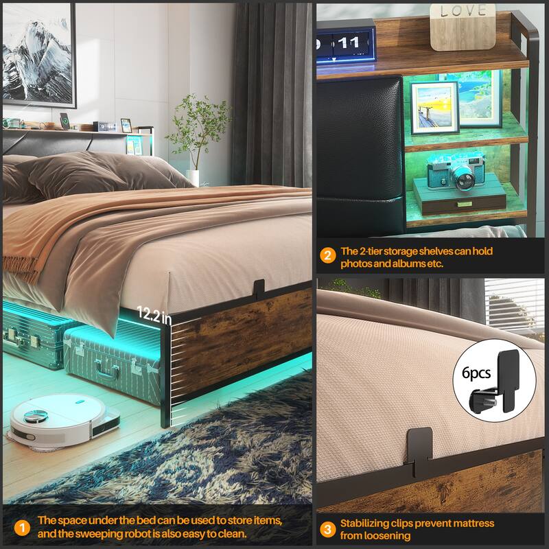 Bed Frame with Upholstered Storage Headboard,Matel Platform Bed with Charging Station and RGB LED Lights,Easy Assembly