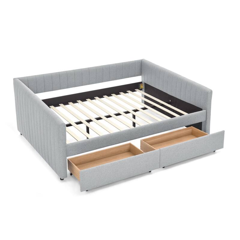 Queen Size Upholstered Daybed with Trundle and Storage Drawers, Grey Linen Fabric