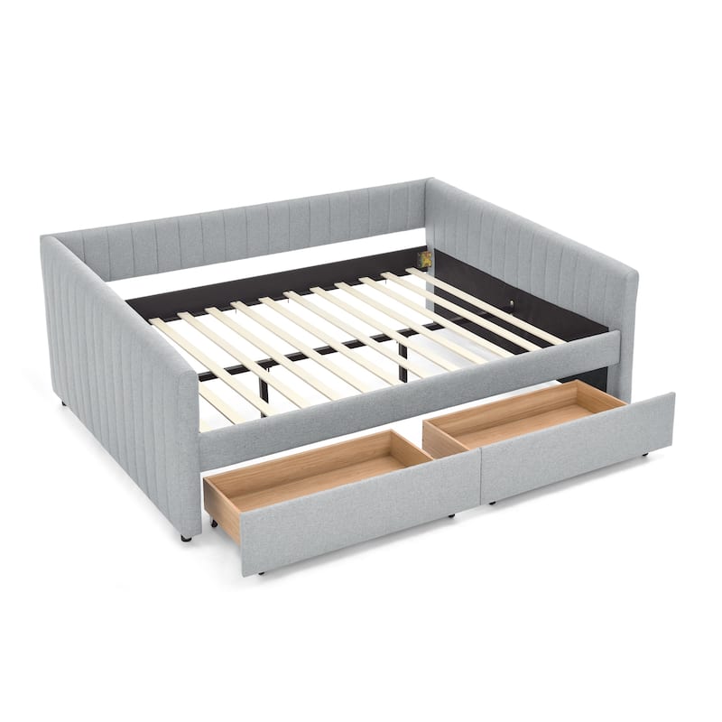 Roomfitters Queen Upholstered Daybed with Trundle and Storage Drawers, Vertical Striped Linen Sofa Bed