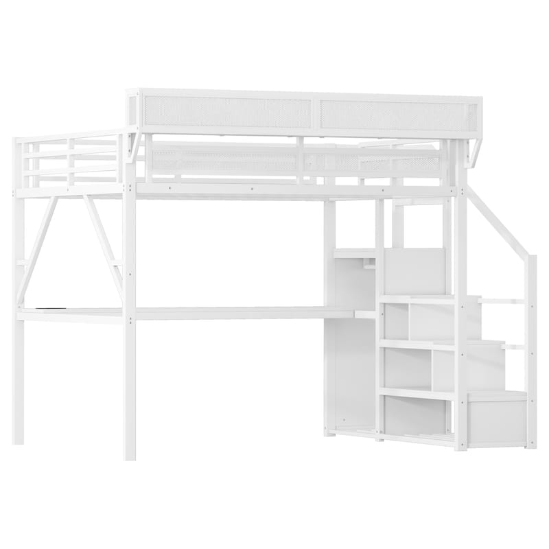 Queen Loft Bed with Desk and Charging Station, Queen Size Metal Loft Bed with Stairs and Light for Kids Teens