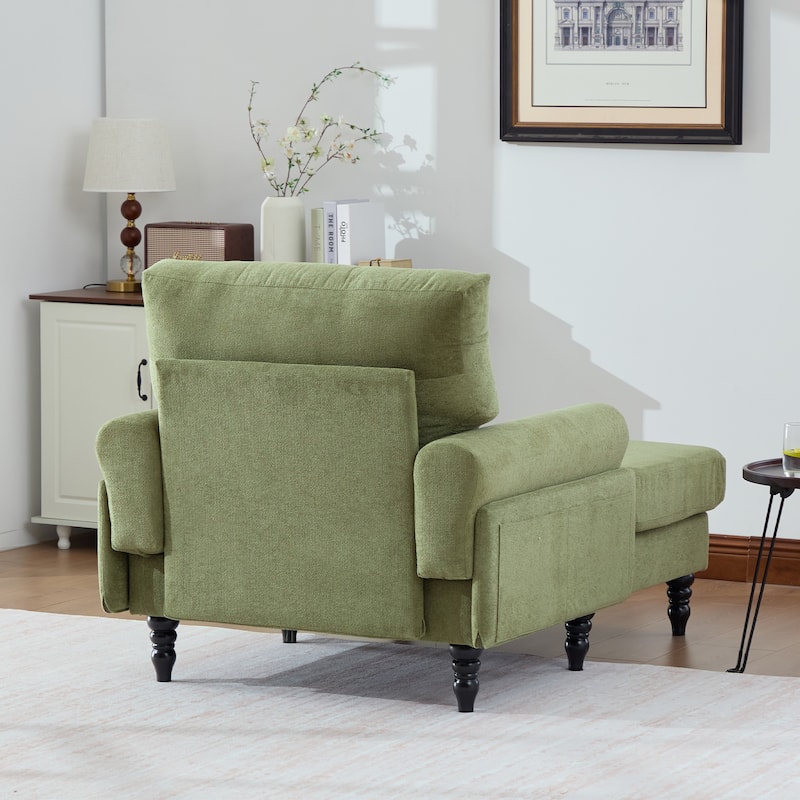 Modern Chaise Lounge Single Sofa Chair, Chenille Fabric Recliner Armchair with Side Pockets and Wooden Legs