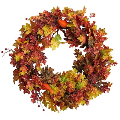 32" Autumn Oak Leaf, Berries and Pumpkin Artificial Autumn Wreath - 32