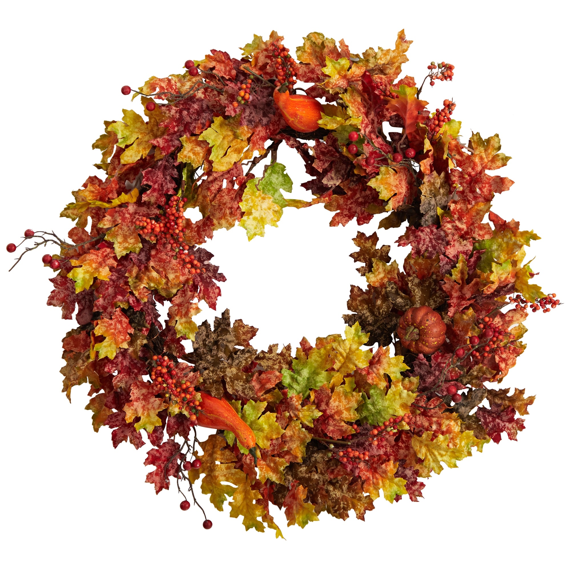 32" Autumn Oak Leaf, Berries and Pumpkin Artificial Autumn Wreath - 32