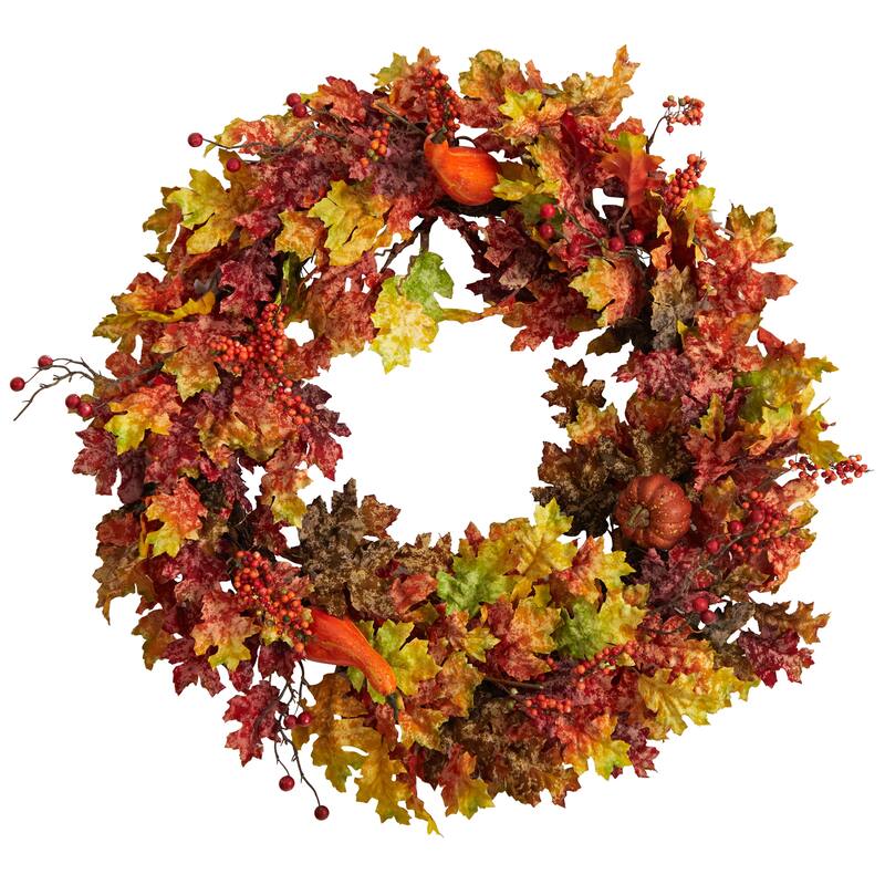 Pumpkin, Berry and Oak Leaf Artificial Fall Harvest Wreath, 32-Inch