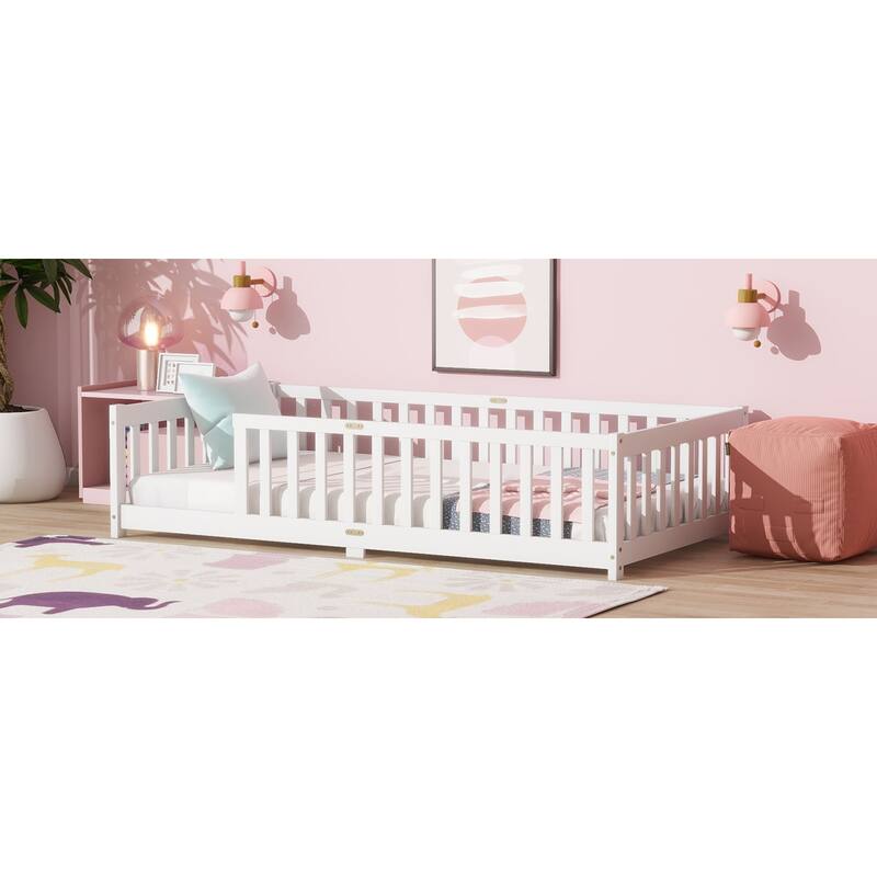 Roomfitters Twin Rubber Wood Floor Bed with Fence, Safety Guardrails, Low Profile Platform Design