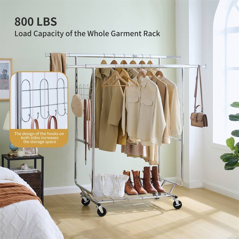 Double Clothing Garment Rack with Shelves, Wheels Rolling