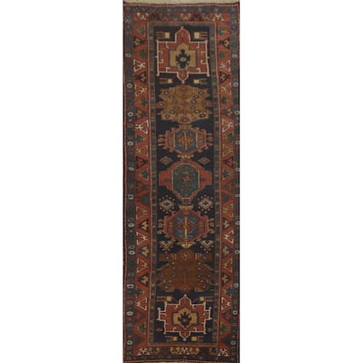 Hand Knotted Oriental 100% Wool Carpet Traditional Geometric Navy Blue & Blues Heriz (serapi) Runner Rug - 11' 0'' X 2' 11''