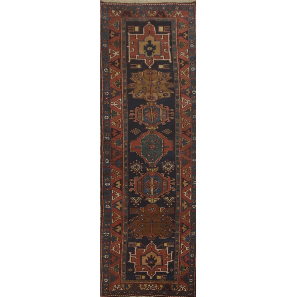Hand Knotted Oriental 100% Wool Carpet Traditional Geometric Navy Blue & Blues Heriz (serapi) Runner Rug - 11' 0'' X 2' 11''
