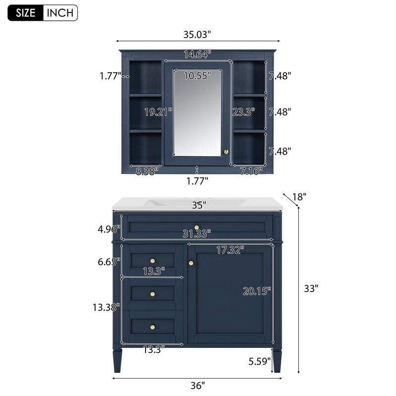 36"Freestanding Bathroom Vanity with Resin Sink and Mirror Cabinet