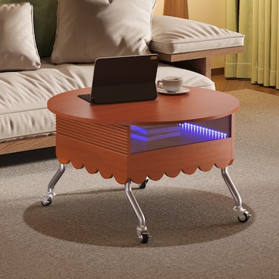 Round LED Coffee Table, 15.70" Lift Top Coffee Table with Wheels, Storage Compartment, Wood Central Table for Home Office