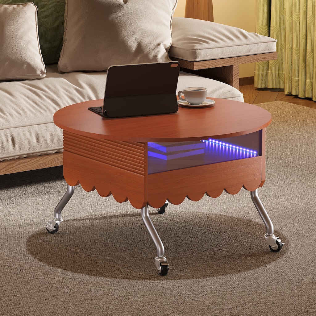 Round Lift-Top Coffee Table with Wheels, Metal Frame and Multi-Color Lighting in 27.6"