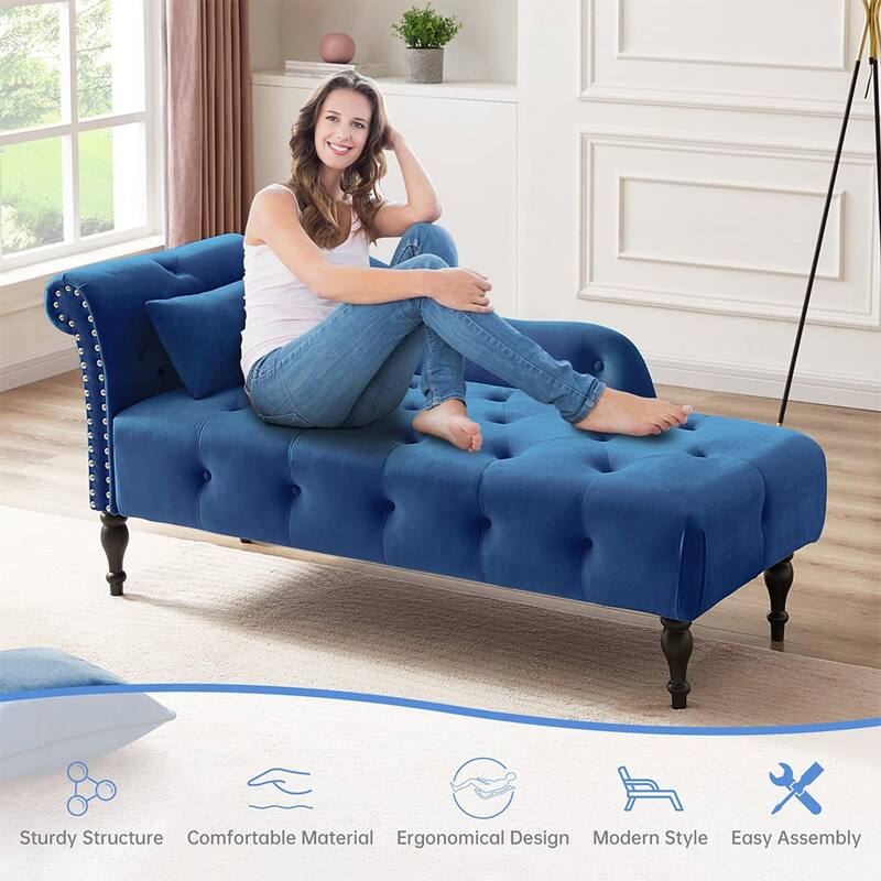 60"W Velvet Chaise Lounge, Tufted with Pillow & Nailhead Decorate - 60.6W" x 27.5D" x 28.3"H