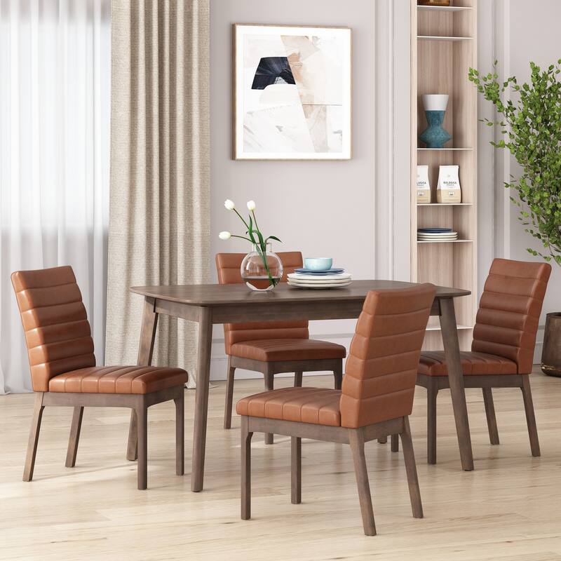 Lancer Channel Stitch Dining Chairs (Set of 4) by Christopher Knight Home - Cognac Brown/ Walnut/ Faux Leather