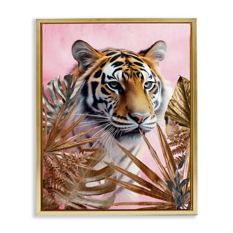 Stupell Exotic Tiger with Gold Leaves Framed Floater Canvas Wall Art Design By Kim Allen - 25 x 31 - Gold