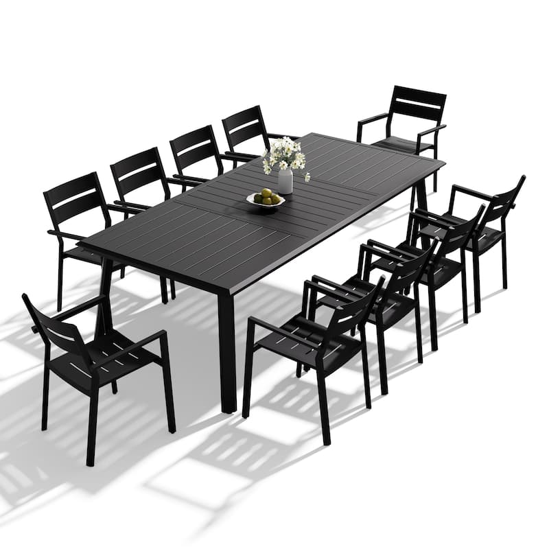 11-Piece Set Outdoor Aluminum Dining Table with Umbrella Hole and Stackable Chairs - Black