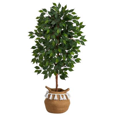 4' Artificial Ficus Tree with Handmade Jute & Cotton Basket with Tassels