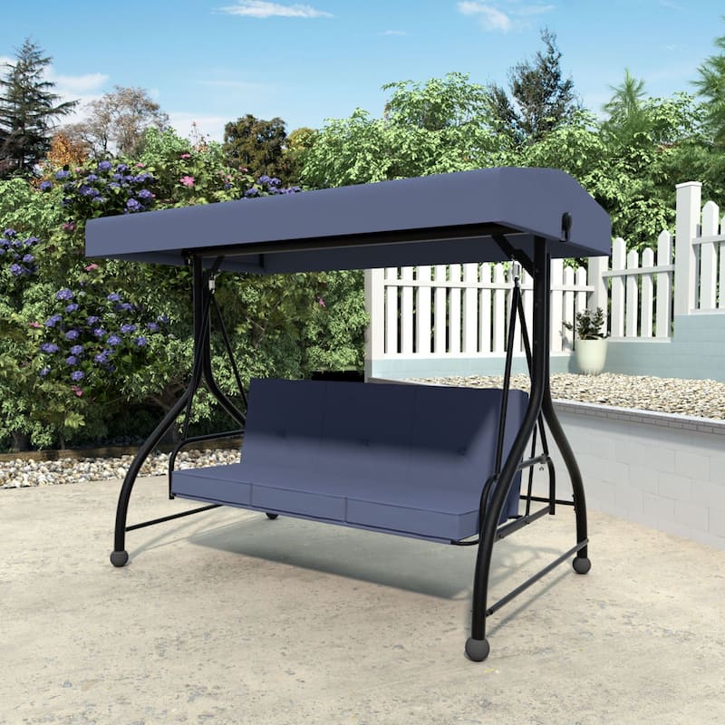 VEIKOUS Outdoor 3-Person Patio Porch Swing with Adjustable Canopy and Cushions - Blue