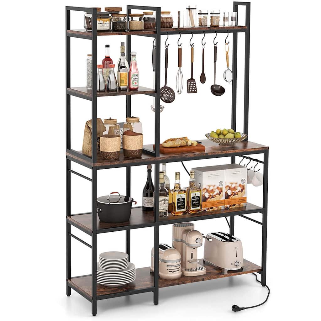 Costway Bakers Rack 5-Tier Coffee Bar Table with 10 S-Shaped Hooks & - See Details