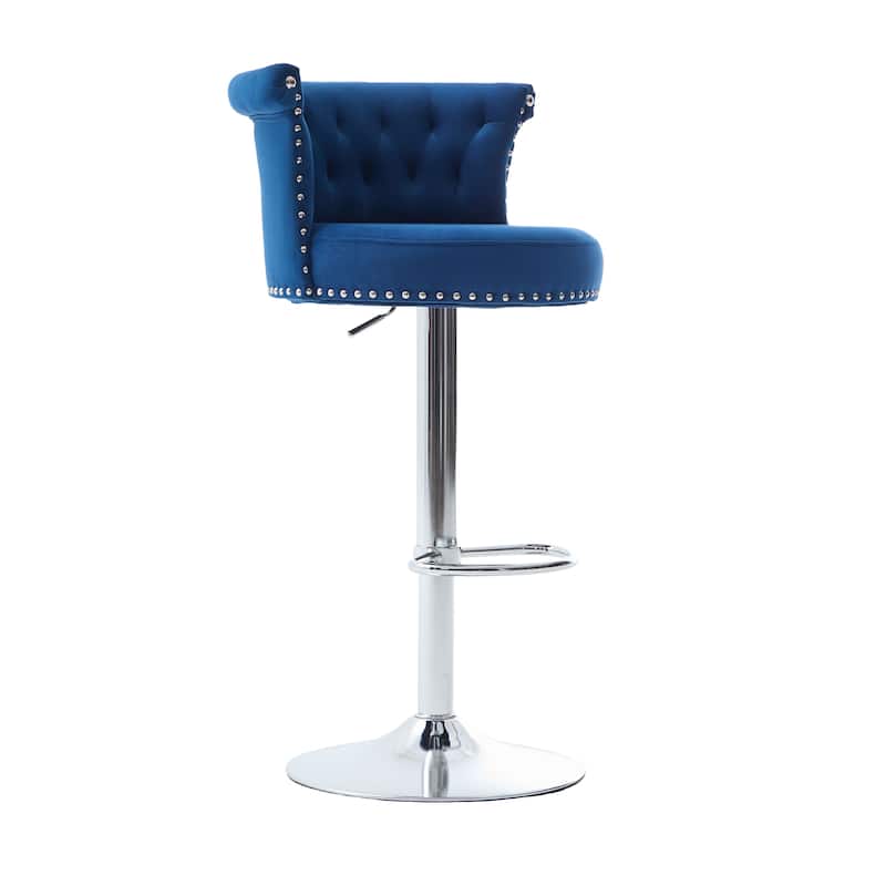 Velvet Bar Stool Set of 2, Adjustable Swivel Bar Stools with Silver Plated Metal Leg, Chrome Nailhead, Counter Height Chair