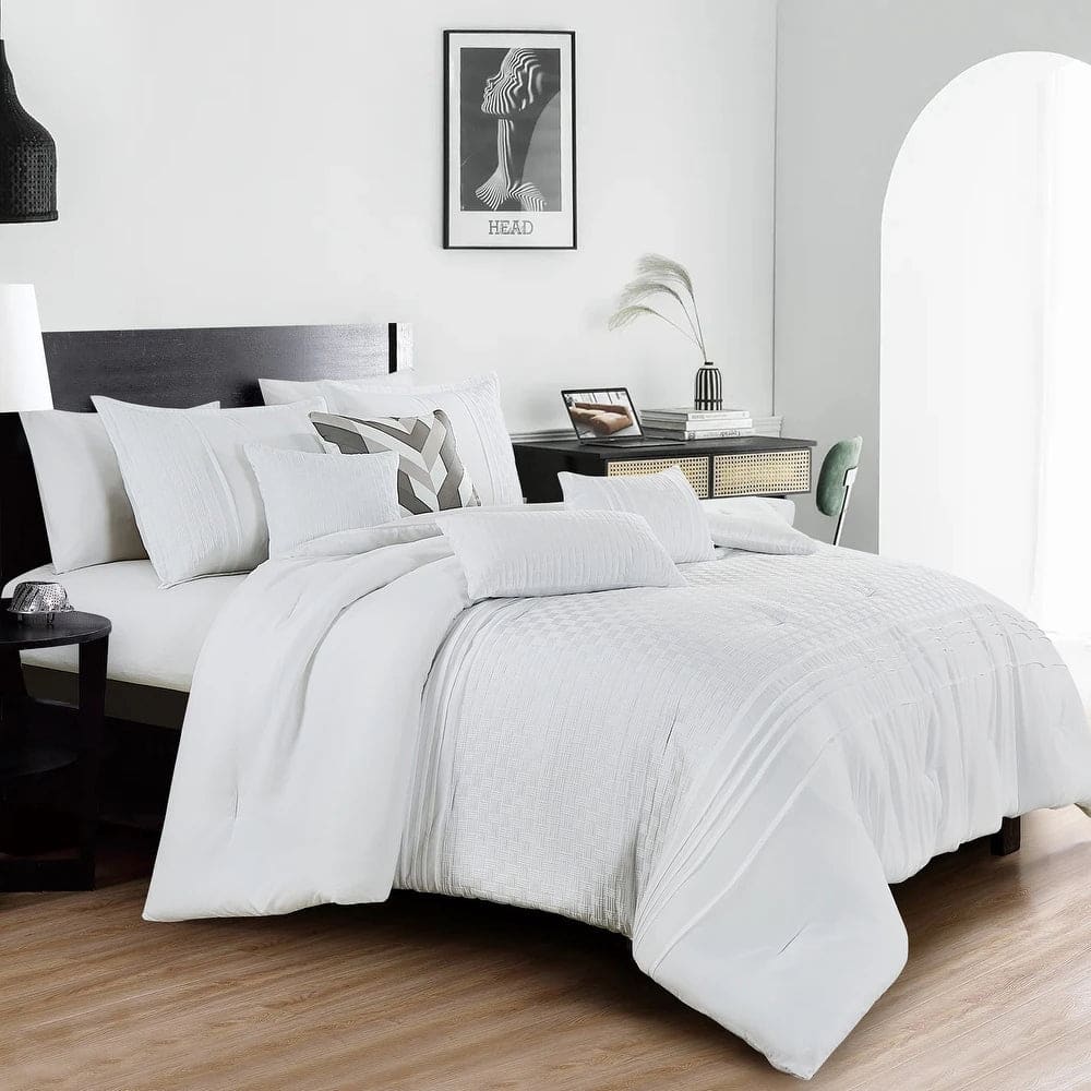 7 Piece Solid Off-White Geometric Bedding Comforter Set