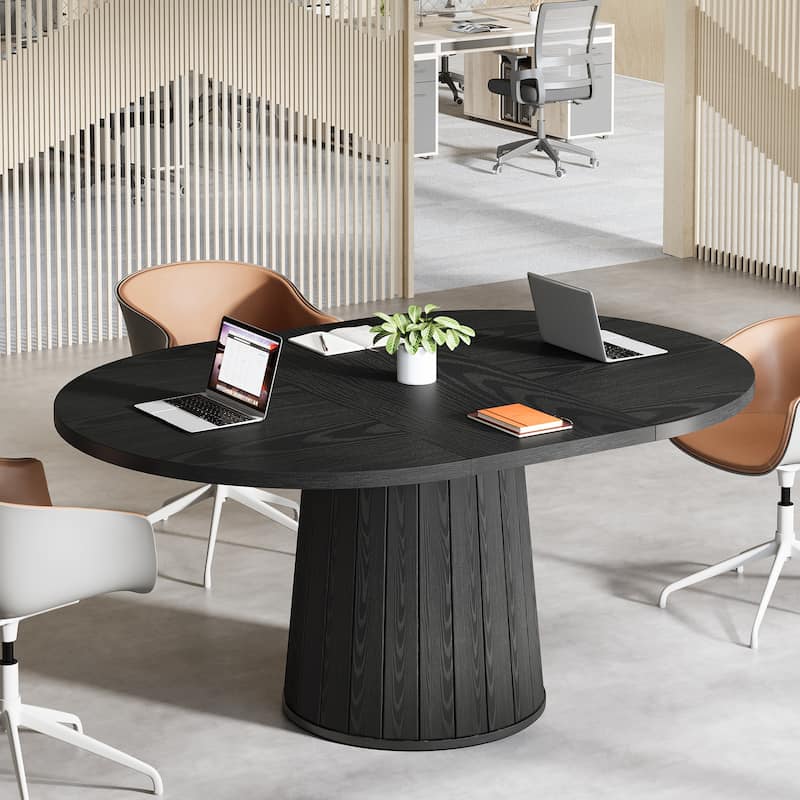55.11 Inch Brown Wood Oval Conference Table with Wood Base for 6 People