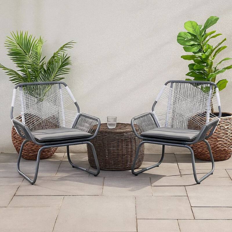 Meny Outdoor Club Chair Set of 2, White Rattan Woven, Matte Gray Metal