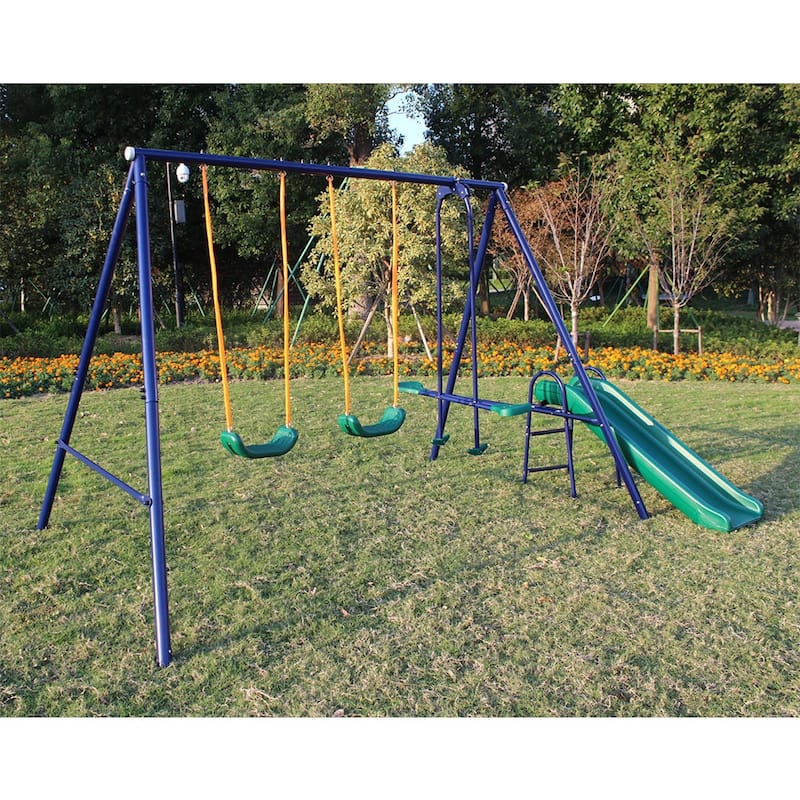 4-in-1 Outdoor Kids Swing Sets w/2 Swings, 1 Glider and 1 Slide