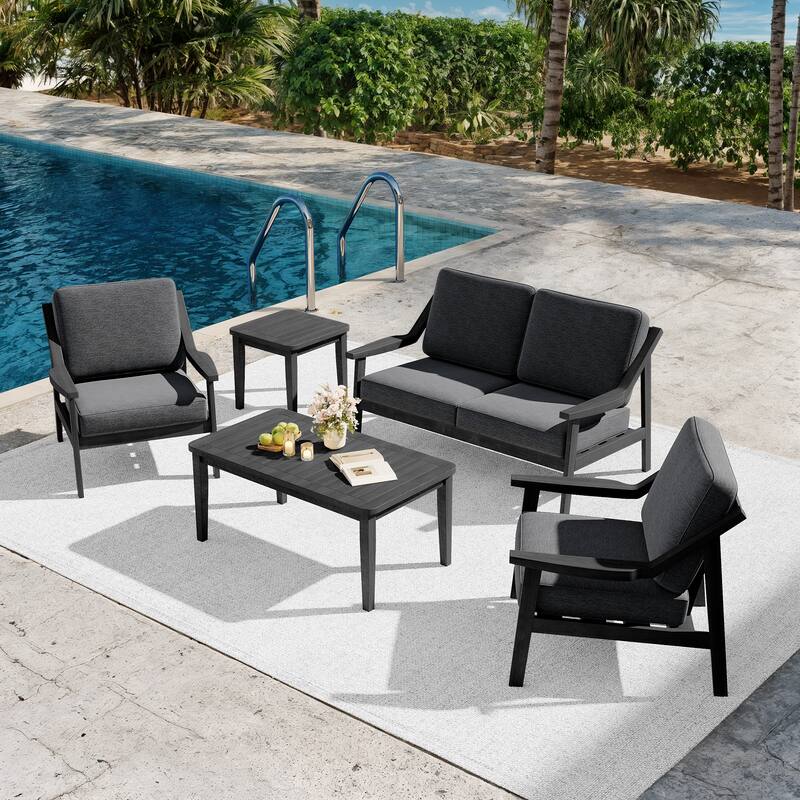5-piece Adirondack Patio Teak Lounge Chairs Loveseat Conversation Set - BlackFrame-Dark Grey