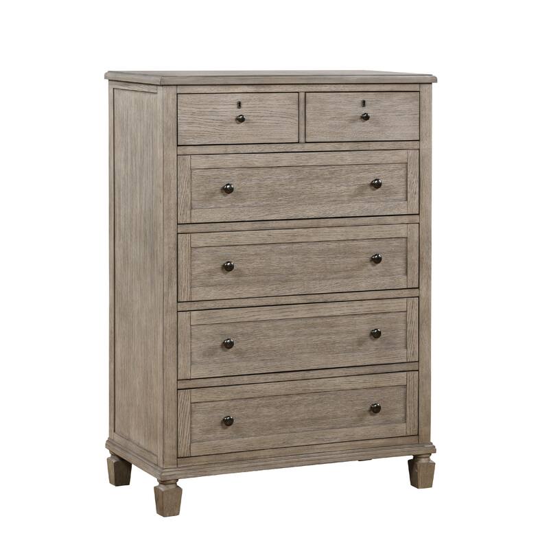 Cely Tall Dresser Chest, 6 Drawers, Gray Oak Wood, Nickel Tone Knobs