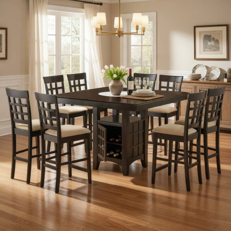 Uric Counter Height Dining Table w Wine Storage, 8 Lattice Chairs, Brown