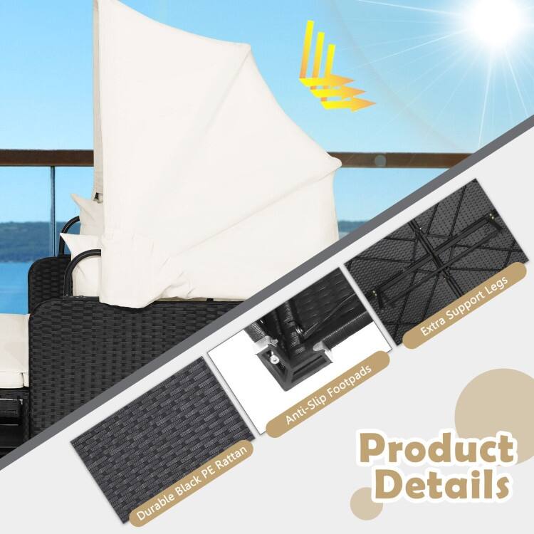 Outdoor Patio Daybed with Canopy and Foldable Side Trays - 65" x 60.5 x 58.5"
