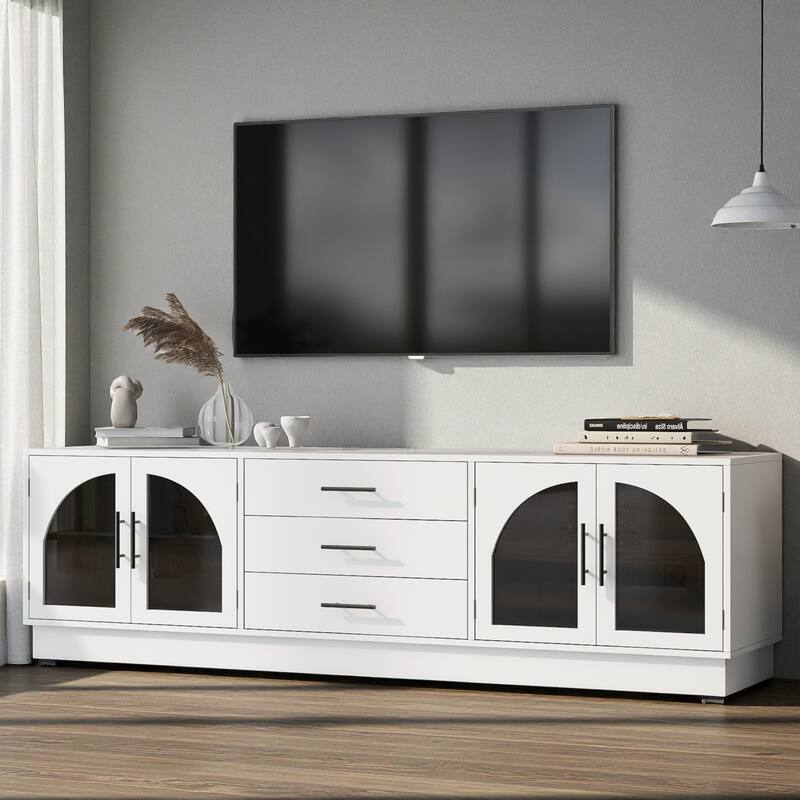 68.9'' Modern Minimalist TV Stand with Glass Doors, 3 Drawers & Adjustable Shelves, Fits TVs up to 75''