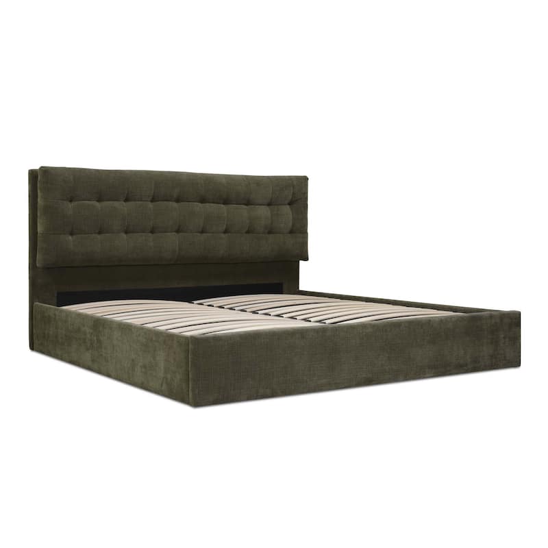 NADAAL STUDIOS Aloura Green Upholstered King Bed with Tufted Headboard and Hydraulic Lift Storage