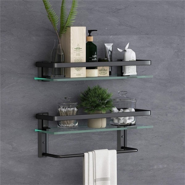 Wall Mounted Floating Glass Shelves with Towel Holder 2 Tier Bed Bath
