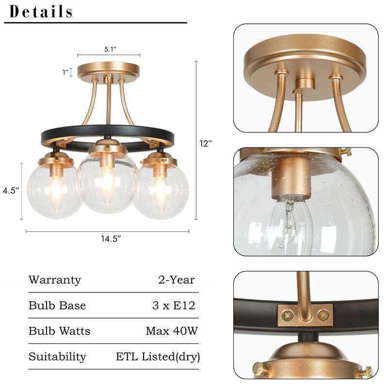 Modern Black Gold 3-Light Seeded Glass Semi-Flush Mount Ceiling Light for Kitchen