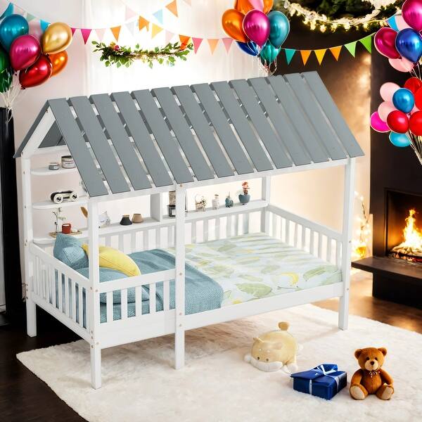 slide 2 of 13, House-shaped Twin Size Wood House Bed with Roof,Safety Guaranteed and 2-Tier Storage Shelves For Home White