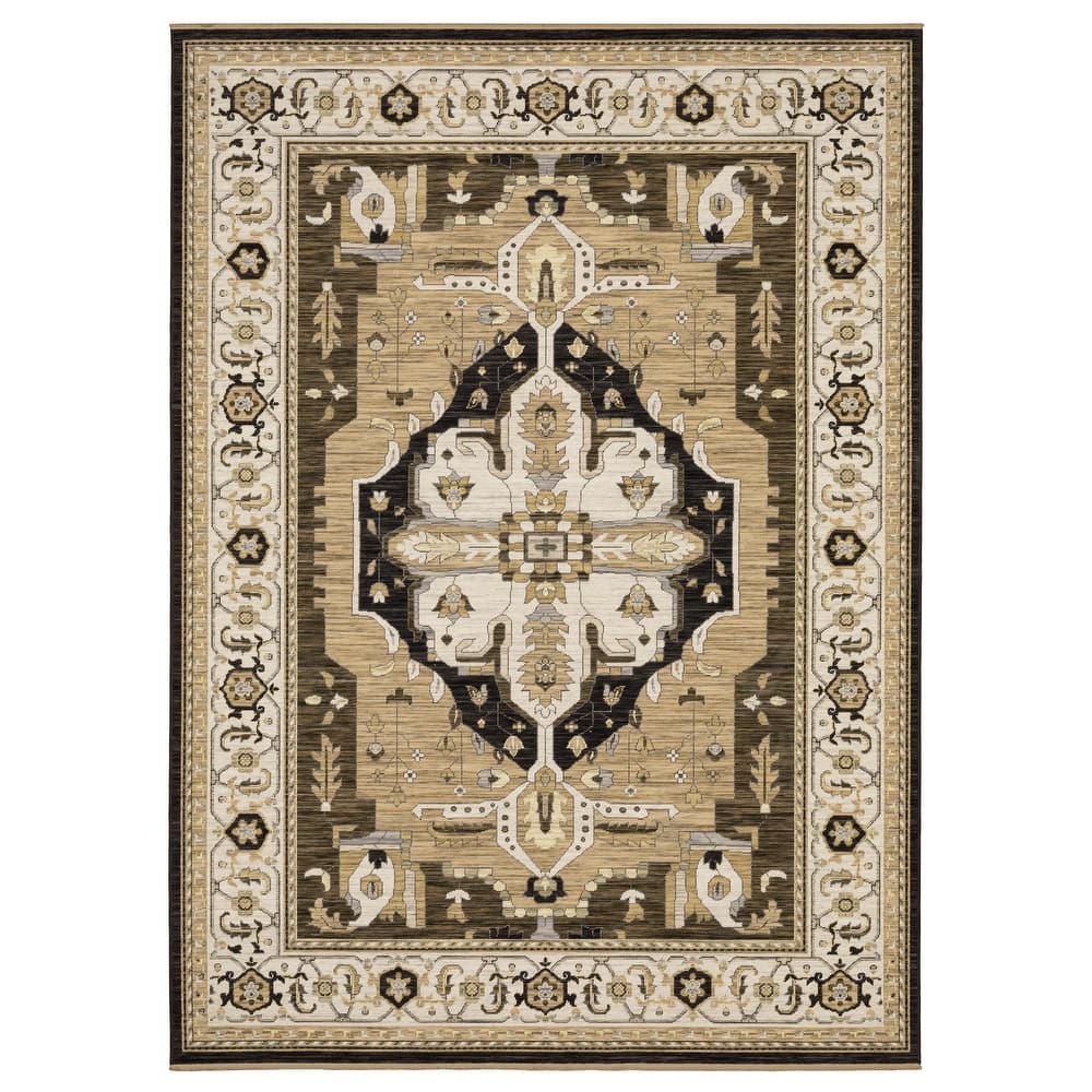 Adelaide Vintage Center Medallion Tan/ Black Wool Blend Area Rug-