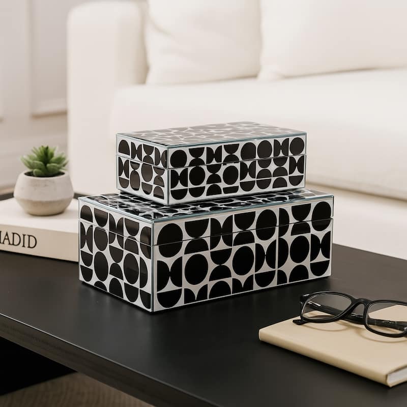 Decorative Abstract Storage Box with Lid - Set of 2, 11", Black - 11" x 7" x 3.75"