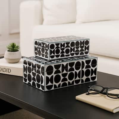 Decorative Abstract Storage Box with Lid - Set of 2, 11", Black - 11" x 7" x 3.75"