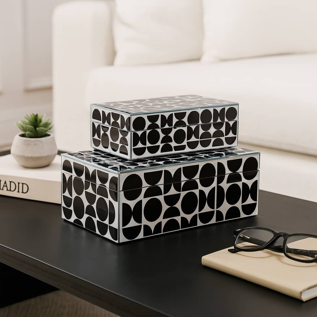 Decorative Abstract Storage Box with Lid - Set of 2, 11", Black - 11" x 7" x 3.75"
