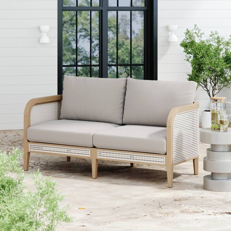 Twila Bohemian Outdoor Upholstered Rattan Patio Seating with Solid Wood Frame