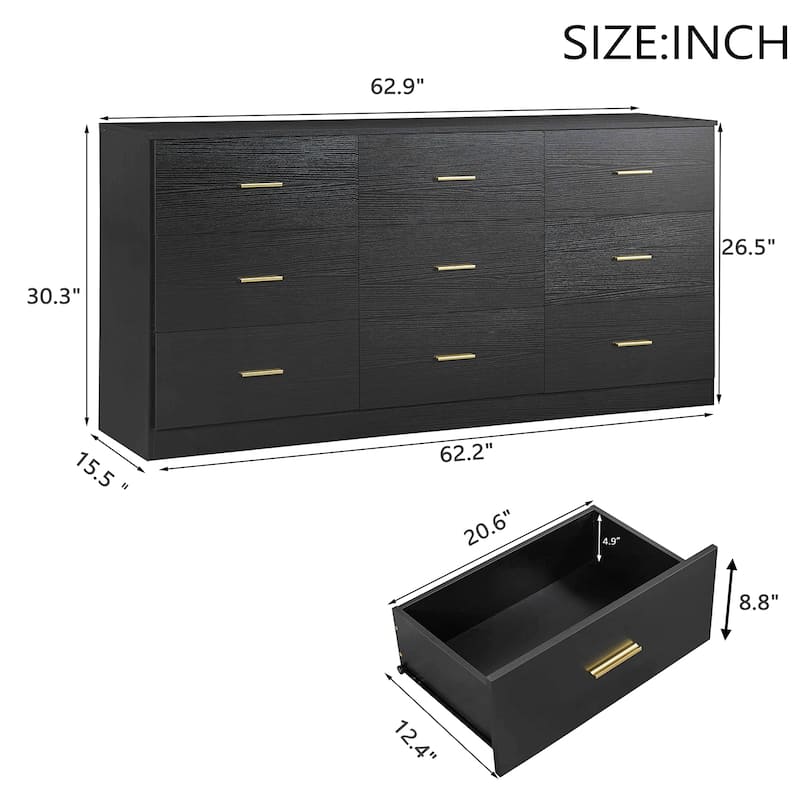 Modern 9-Drawer Dresser Wide Bedroom Chest Engineered Wood Storage Cabinet with Golden Handles and Ample Space