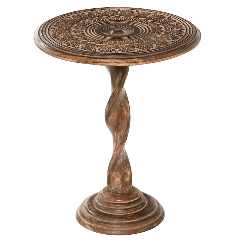 Mango Wood Floral Handmade Intricately Carved Accent Table with Spiral Leg and Elevated Base - Brown - Roche River Decor