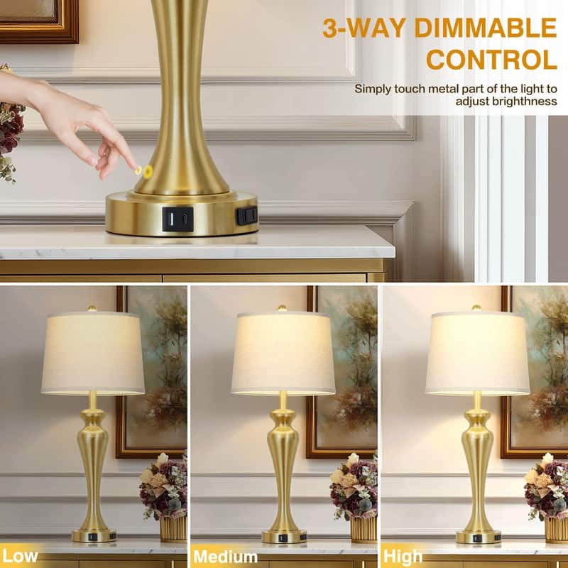 30'' Gold Elegant Table Lamp with USB-C Charging, Golden Base, Touch Dimmer(Set of 2) - 13'' x 13'' x 30''
