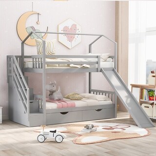 Nestfair Twin over Twin House Bunk Bed with Drawers and Slide - Bed ...