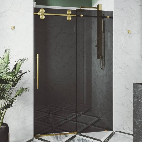 Shop Vigo Elan 68 To 72 In X 74 In Frameless Sliding Shower Door In Matte Brushed Gold With Black Glass And Handle On Sale Overstock 31618749
